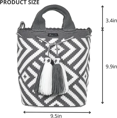 Vista 5 de Mochila colombiana Wayuu, 100 % auténtica, diseño minimalista bohemio, tejido a mano, ganchillo, bolsa cruzada para mujer, Marrón, beige, negro.