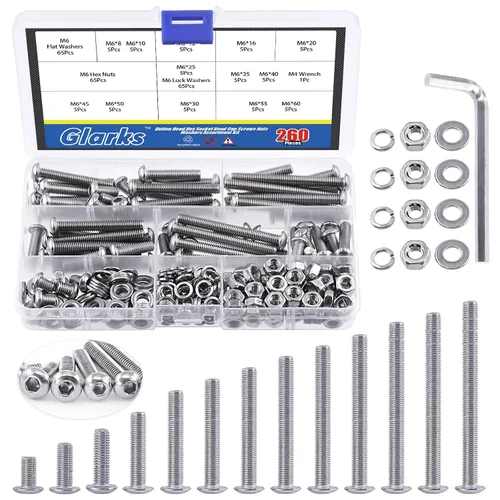 Vista 11 de Glarks 1021 tornillos de cabeza de botón M2 304 de acero inoxidable hexagonal, tornillos y tuercas arandelas kit surtido con llave hexagonal