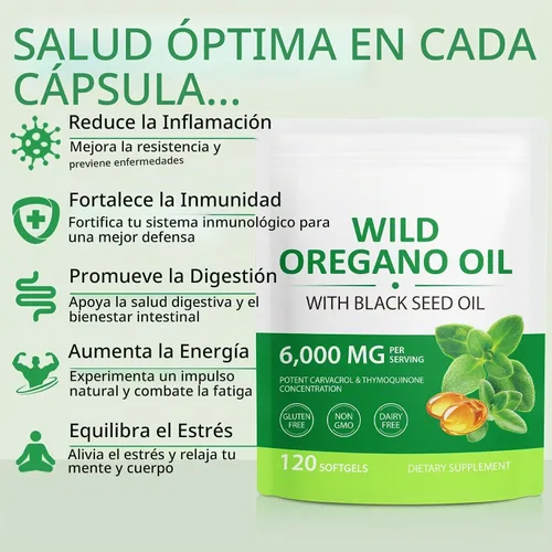 Vista 3 de Aceite de orégano con aceite de semilla negra, 6000 mg cápsulas de aceite de orégano orgánico, con aceite de semilla negra de 200 mg, aceite