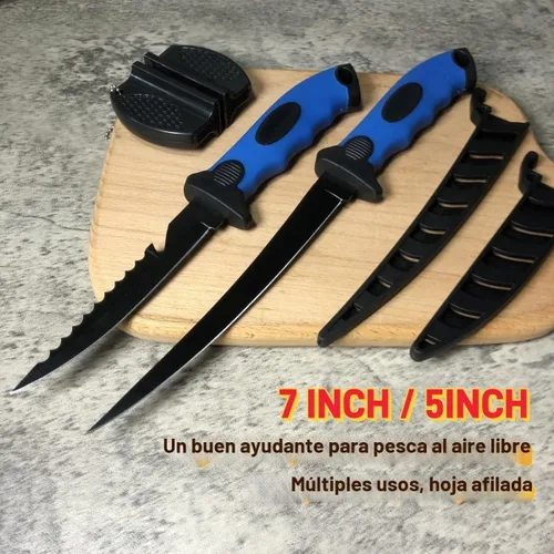 Vista 6 de Juego de 2 cuchillos de filete, cuchillos de filete de acero inoxidable de 5 y 7 pulgadas para pescado, equipo de pesca, juego de herramientas de 2