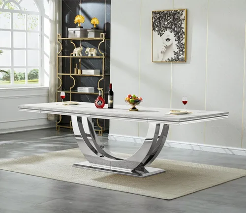 Vista 40 de Mesa de comedor blanca de 68 pulgadas para 4-6, mesa de cocina rectangular moderna con mesa de mármol sintético y base de acero inoxidable plateado