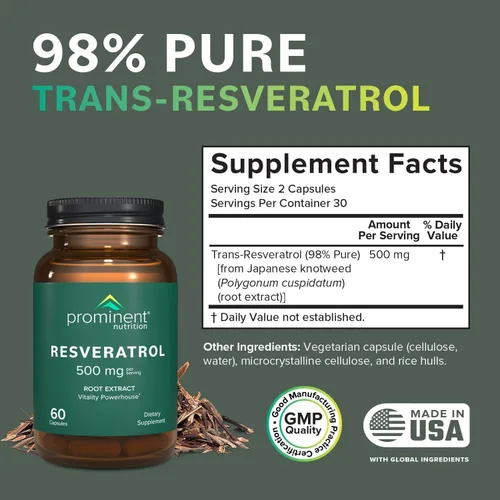 Vista 2 de Prominent Nutrition Suplemento de resveratrol, antienvejecimiento y apoyo inmunológico, suplemento de trans-resveratrol 98% puro, 500 mg, suministro
