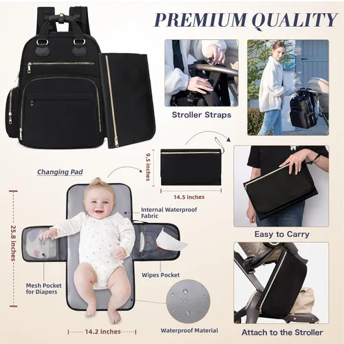 Vista 3 de Mochila para pañales de viaje con cambiador, 17 bolsillos, bolsillos aislados, puerto de carga USB, artículos esenciales para baby shower