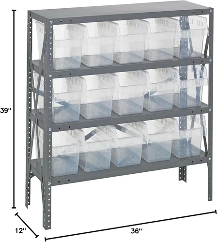 Vista 417 de Quantum QSBU-245BK Heavy Duty Shelving Unit with (7) Shelves and (24) QUS245 Black Bins for Garage Warehouse Storage Distribution 400 lb Load