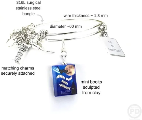 Vista 4 de PETER PAN J. M. Barrie Clay - Brazalete extensible de acero inoxidable con diseño de barrie Book Beads