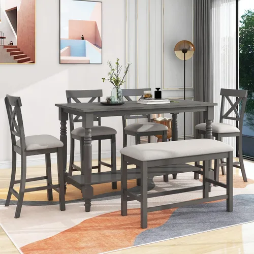 Vista 9 de Bellemave Juego de mesa de comedor de 6 piezas rectangular de madera con 4 sillas y un banco, juego de comedor moderno para 6 personas, ideal