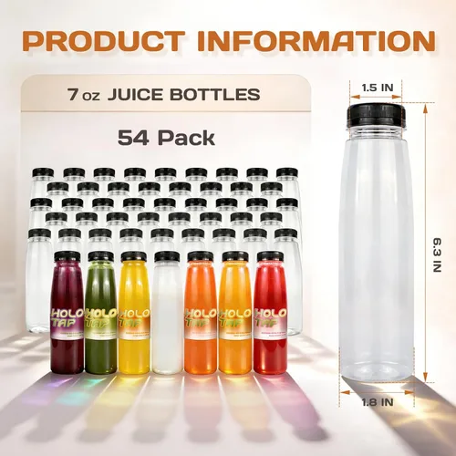 Vista 2 de Holotap Paquete de 54 botellas de plástico de 7 onzas con tapas, botellas vacías de plástico desechables para jugos de PET a granel para líquidos