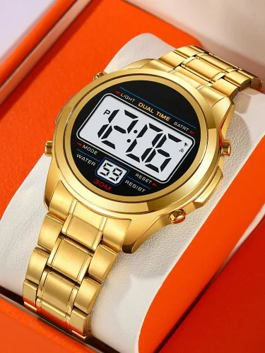 Vista 5 de PASOY Men's Digital Gold Watch Unisex Backlit Multifunction Stopwatch Alarm Waterproof Sport Women Watches Braided Bracelet Stainless Steel Black
