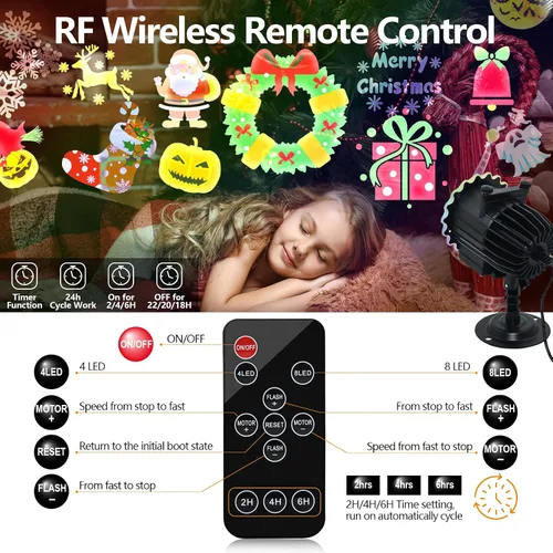 Vista 5 de Proyector de luces de Navidad para exteriores, 8 modos de imágenes, proyector de luces de Navidad con 96 dibujos animados, proyector de vacaciones