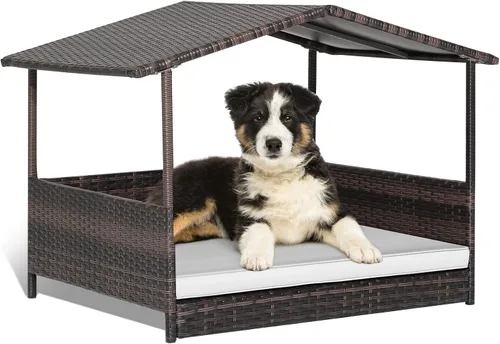 Vista 10 de Giantex Casa de mimbre para perro, cama elevada de ratán para perros con techo impermeable, funda de cojín lavable, marco de acero, cama elevada