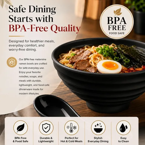 Vista 7 de Juego de Tazones Japoneses para Ramen de 32 oz – 20 Piezas de Tazones Pho de Melamina Negra con Palillos, Cucharas y Soportes – Vajilla para Fideos