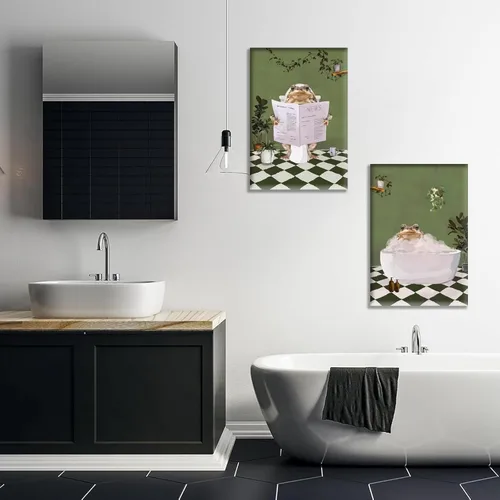 Vista 2 de 2 piezas de arte de pared de rana de baño, creatividad, estética, maximalista, verde, pósteres de imágenes de rana en la bañera, pintura en lienzo