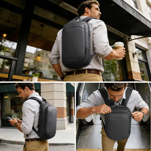Vista 7 de hk Mochila de negocios para hombres de 15.6 pulgadas, delgada y expandible, impermeable, mochila de viaje para laptop, bolsa de trabajo ligera