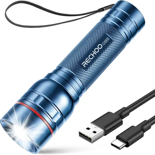 Vista 10 de RECHOO Linternas recargables de alta luminosidad, G1000 súper brillante, pequeña linterna LED con zoom y 3 modos de iluminación, linterna táctica