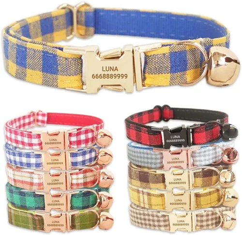Vista 15 de PETDURO Collares de gato a cuadros personalizados hechos a mano con campana y hebilla de metal grabada con nombre personalizado para gatos lindos
