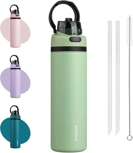 Vista 12 de BJPKPK Botella de agua aislada de 17 onzas con tapa de popote y asa, acero Verde militar