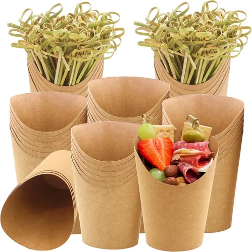 Vista 7 de BLUE TOP Juego de 30 tazas + 100 palillos de comida con juego de brochetas de alimentos, taza de papel de piel de vaca de 12 onzas, con juego