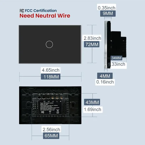 Vista 8 de Interruptor de luz inteligente necesita cable neutro, una sola banda, negro 1 botón 4.65 x 2.83 x 1.34 pulgadas, solo Wi-Fi de 2.4 GHz, funciona