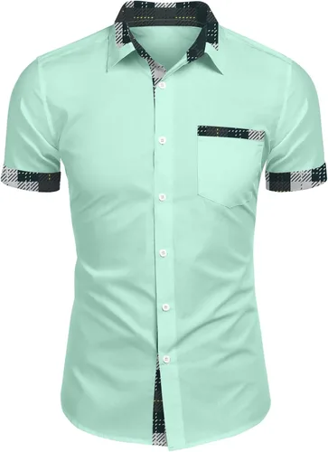 Vista 6 de RTRDE Men's Button Down Shirts Short Sleeve Plaid Print Summer Beach Wedding Vacation Dress Shirts, M-4XL