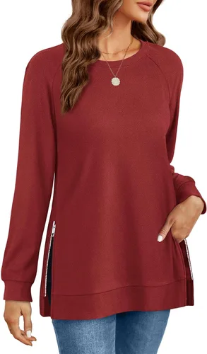 Vista 3 de OFEEFAN Sudaderas de manga larga para mujer, cuello redondo con cremallera lateral 2023