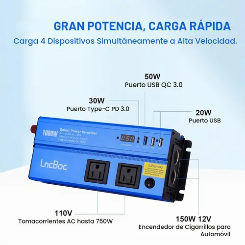 Vista 2 de Inversor de corriente 12v a 110v 1000w: Convertidor de 1000 vatios de CC a CA Inversores de batería para adaptador de cargador de coche con enchufe