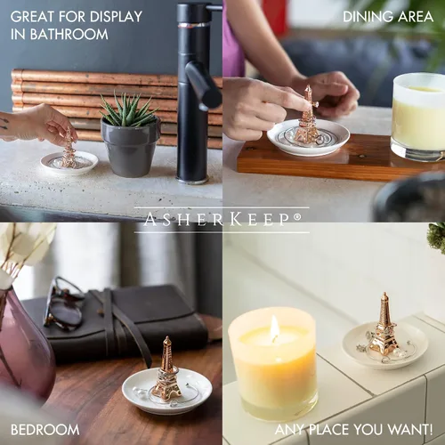 Vista 5 de AsherKeep Soporte para joyas, bandeja de cerámica, soporte para anillo de compromiso, soporte para placa con detalle de oro rosa para anillos