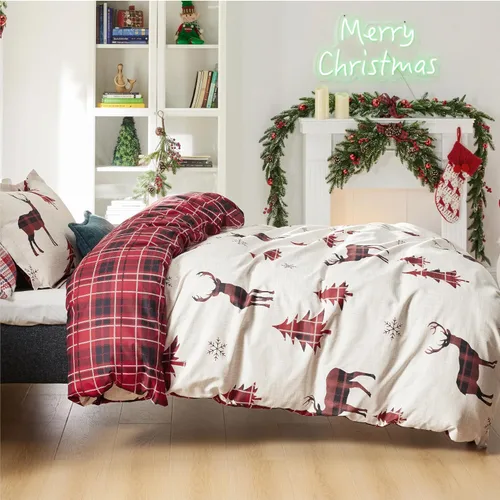 Vista 7 de Bedsure Juego de funda de edredón de Navidad tamaño individual, juego de ropa de cama festivo para niños con un diseño reversible a cuadros