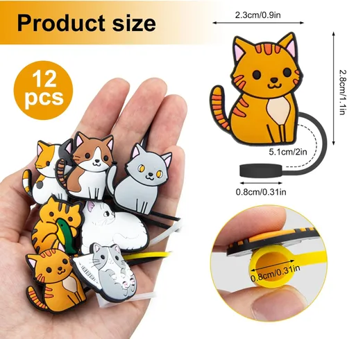 Vista 2 de Paquete de 12 fundas de popote reutilizables, con diseño de gato, a prueba de polvo, para popote de 6 a 0.315 in, protector para accesorios