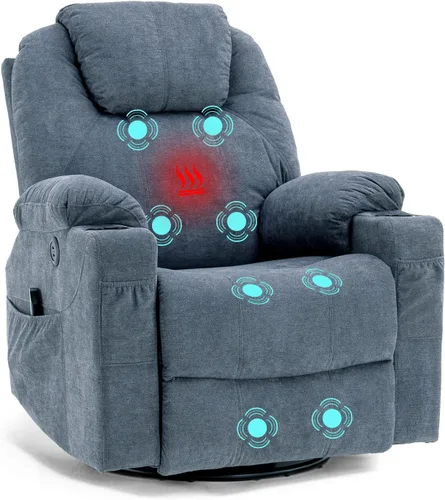 Vista 8 de Silla reclinable giratoria – Mecedora manual mecedora con masaje térmico ergonómico con 4 bolsillos, portavasos, puertos USB, control remoto (marrón)