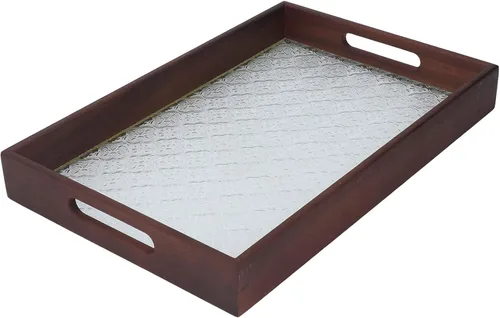 Vista 5 de Walnut Wood Serving Tray, Rectangle Vintage Glass Bottom with Handles, Elegant Kitchen Snack Plate - Multi Purpose, Durable Wood Siding, Ideal for