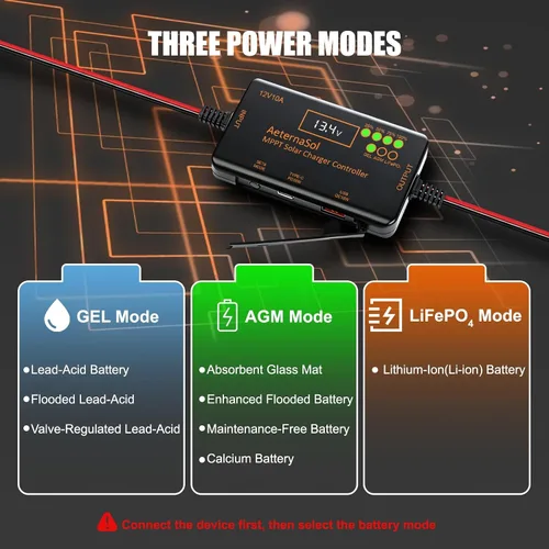 Vista 5 de Controlador de carga solar MPPT 12V 10A para baterías LiFePO4, AGM y gel