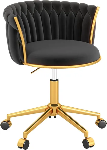 Vista 13 de Silla de oficina en casa tejida de terciopelo, moderna silla de escritorio giratoria con ruedas, silla de tocador ajustable en altura con base
