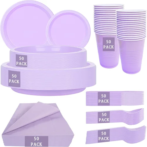 Vista 12 de MirthMood - 350 platos desechables negros, platos negros, suministros de plástico para fiestas, incluye 50 platos llanos, 50 platos de ensalada, 50