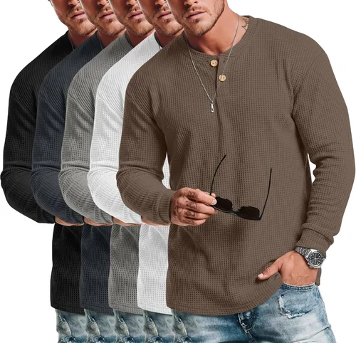 Vista 9 de Ficerd Paquete de 5 camisas de manga larga para hombre Waffle Henley