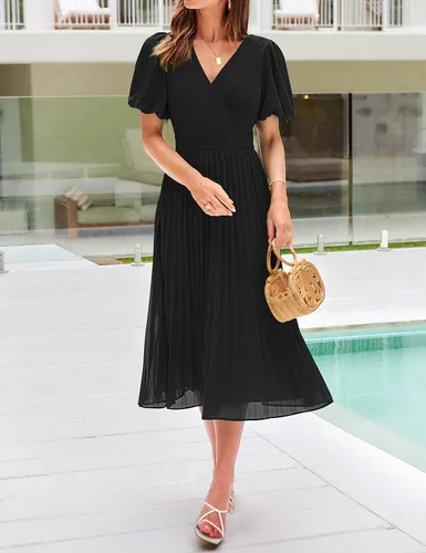 Vista 2 de MEROKEETY Vestido midi plisado con cuello en V y mangas abullonadas para mujer, para invitadas de boda