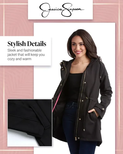 Vista 4 de Jessica Simpson Chaqueta impermeable Softshell resistente al agua, con volantes en la espalda, chaqueta larga con capucha para mujer, S-XL