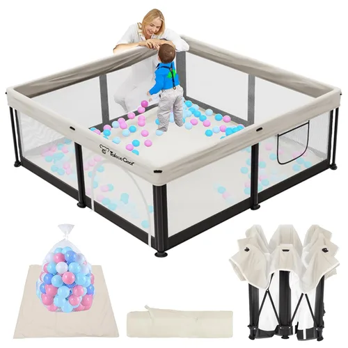 Vista 12 de TOREVSIOR Corralito plegable para bebés con alfombra, 50"×50" corralito plegable para bebés y niños pequeños, corral de seguridad para niños