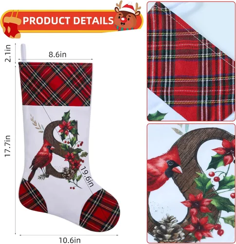 Vista 2 de Medias de Navidad personalizadas de 20 pulgadas, diseño cardenal, medias con monograma inicial para decoración colgante de chimenea, familia, letra A