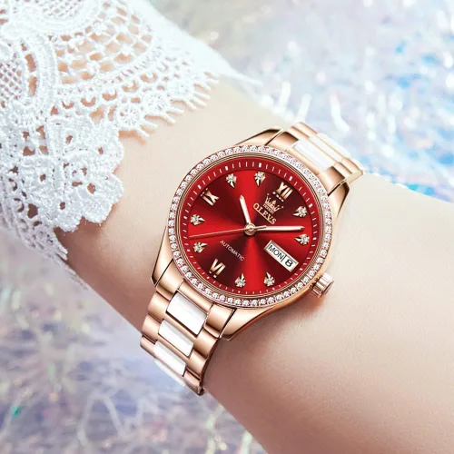 Vista 3 de OLEVS Relojes de mujer de oro rosa, correa de acero inoxidable de cerámica, reloj mecánico automático, calendario puntero luminoso impermeable