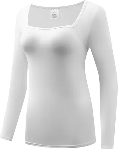 Vista 2 de OThread & Co. Camiseta de manga larga para mujer, cómoda, cuello cuadrado, capa elástica básica