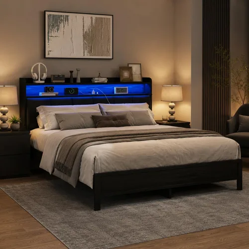 Vista 10 de IMMERSTABLE Base de cama individual con luces LED y estación de carga, cabecera de almacenamiento tapizada, plataforma de metal con listones