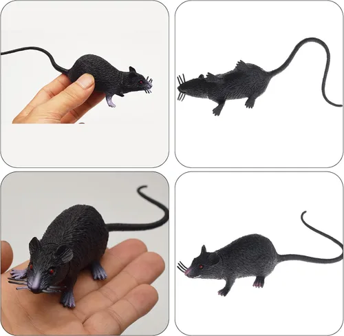 Vista 3 de 1 juguete de ratón falso realista, ratones realistas, juguete de rata espeluznante de PVC para broma de Halloween, negro, 7.87 x 1.77 pulgadas