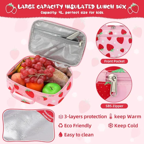 Vista 4 de Mochila para niñas, juego de mochila de unicornio para niños, mochila de escuela primaria primaria con lonchera y estuche para lápices, Rosado, Fresa