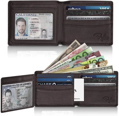 Vista 2 de Bryker Hyde Cartera RFID con 2 ventanas de identificación para hombres, plegable lateral, billetera de viaje de capacidad extra, marrón - piel