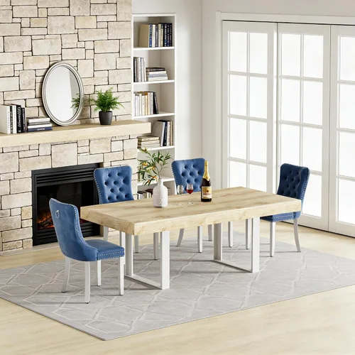 Vista 19 de Juego de mesa de comedor extensible de 5 piezas para 4, mesa de cocina de madera marrón de 63-78.7 pulgadas con 4 sillas acolchadas beige, juego