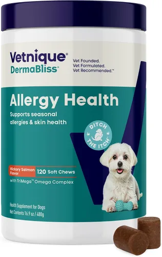 Vista 14 de Vetnique Dermabliss - Masticables para alergias para perros con fuerza avanzada para aliviar la picazón y la piel, suplemento antipicazón