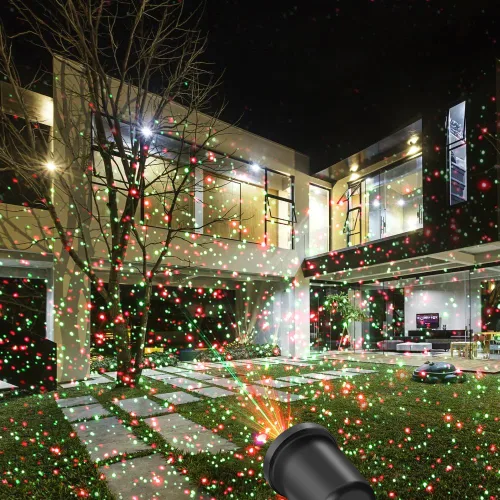 Vista 6 de Proyector de luz láser de Navidad, luces láser de estrellas rojas y verdes, espectáculo con temporizador para decoraciones al aire libre