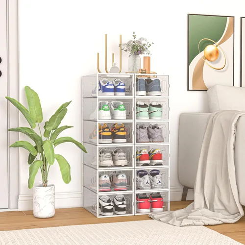 Vista 6 de Paquete de 12 cubos de almacenamiento organizadores de zapatos, cajas de zapatos apilables de plástico transparente para armario, contenedores