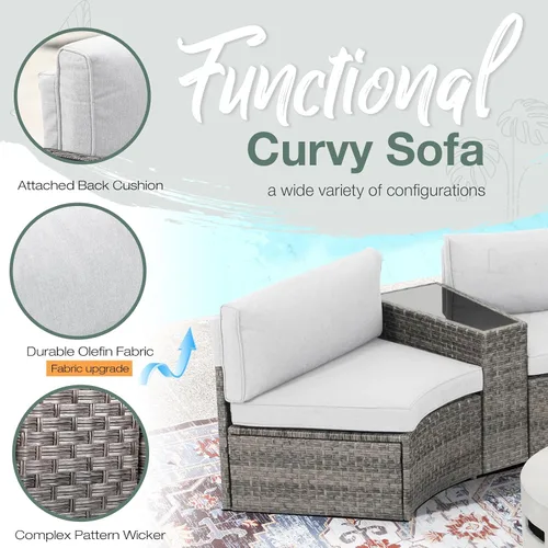 Vista 3 de SUNSITT Juego de 8 muebles curvados de media luna para patio al aire libre, sofá seccional de mimbre gris, cojines gris claro con 2 mesas auxiliares