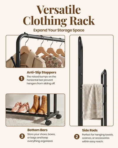 Vista 5 de Delamu Perchero de doble barra para colgar ropa con ruedas rodantes, ganchos, perchero de metal, perchero portátil con estantes para dormitorio